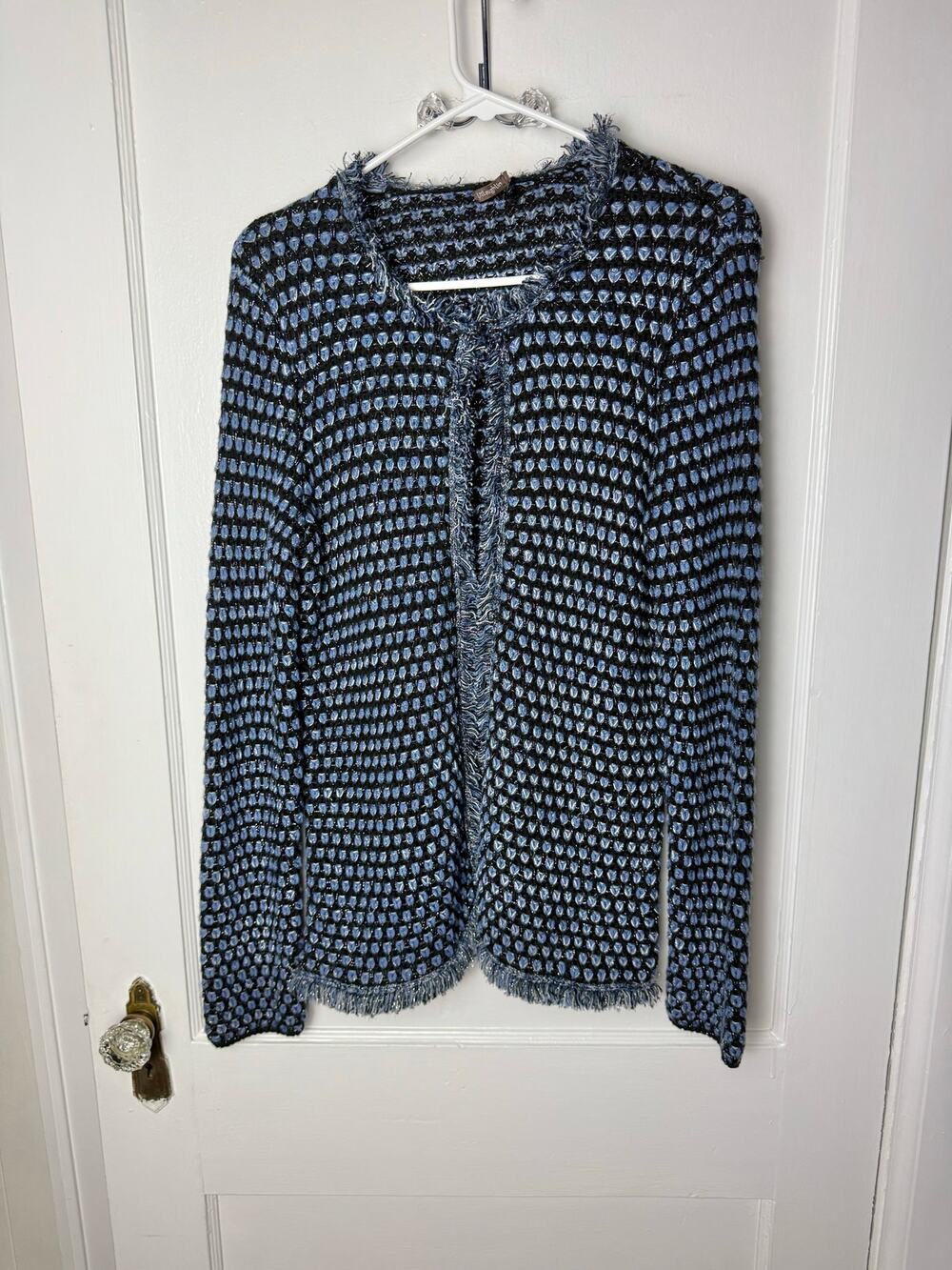 J.McLaughlin Size M Blue Black Metallic Merino Wool Fringe Open Front Cardigan